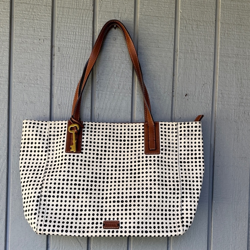 Fossil White Tote with Black Polka Dots and Brown Leather Trim